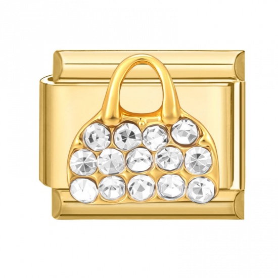 Picture of 1 Piece 304 Stainless Steel Exquisite Italian Charm Links For DIY Modular Bracelet Watch Jewelry Making Wholesale Gold Plated Rectangle Handbag 10mm x 9mm