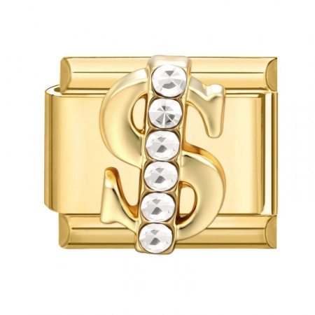 Picture of 1 Piece 304 Stainless Steel Exquisite Italian Charm Links For DIY Modular Bracelet Watch Jewelry Making Wholesale Gold Plated Rectangle Dollar Sign 10mm x 9mm