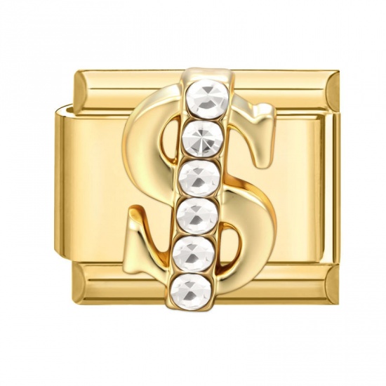 Picture of 1 Piece 304 Stainless Steel Exquisite Italian Charm Links For DIY Modular Bracelet Watch Jewelry Making Wholesale Gold Plated Rectangle Dollar Sign 10mm x 9mm