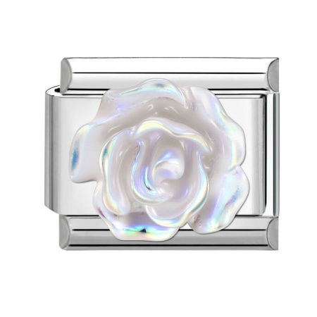 Picture of 1 Piece 304 Stainless Steel Exquisite Italian Charm Links For DIY Modular Bracelet Watch Jewelry Making Wholesale Silver Tone White Rectangle Rose Flower 10mm x 9mm