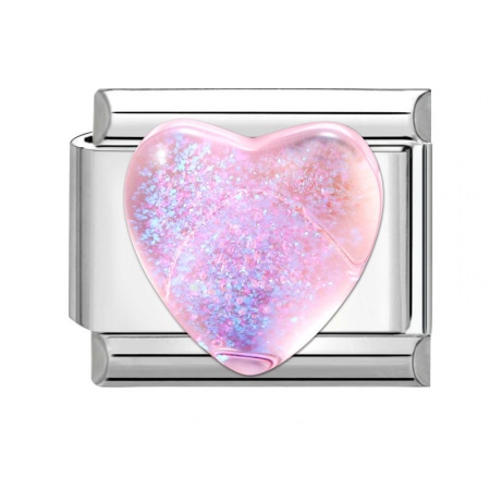 Picture of 1 Piece 304 Stainless Steel Valentine's Day Italian Charm Links For DIY Modular Bracelet Watch Jewelry Making Wholesale Silver Tone Pink Rectangle Heart 10mm x 9mm