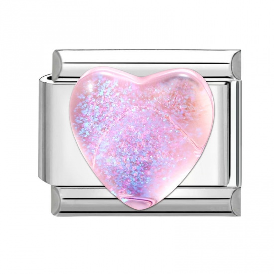 Picture of 1 Piece 304 Stainless Steel Valentine's Day Italian Charm Links For DIY Modular Bracelet Watch Jewelry Making Wholesale Silver Tone Pink Rectangle Heart 10mm x 9mm