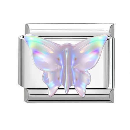 Picture of 1 Piece 304 Stainless Steel Exquisite Italian Charm Links For DIY Modular Bracelet Watch Jewelry Making Wholesale Silver Tone Purple Rectangle Butterfly 10mm x 9mm