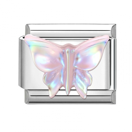 Picture of 1 Piece 304 Stainless Steel Exquisite Italian Charm Links For DIY Modular Bracelet Watch Jewelry Making Wholesale Silver Tone Pink Rectangle Butterfly 10mm x 9mm