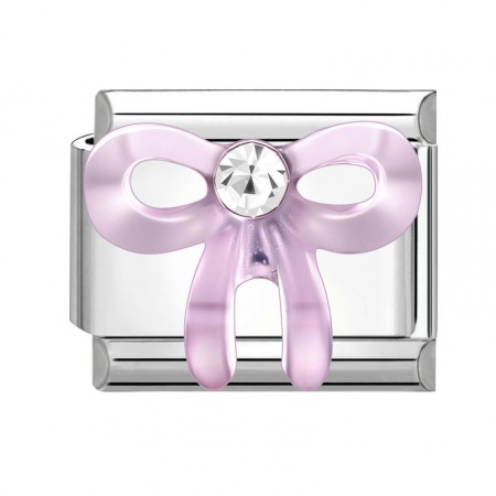 Picture of 1 Piece 304 Stainless Steel Exquisite Italian Charm Links For DIY Modular Bracelet Watch Jewelry Making Wholesale Silver Tone Purple Rectangle Bowknot 10mm x 9mm