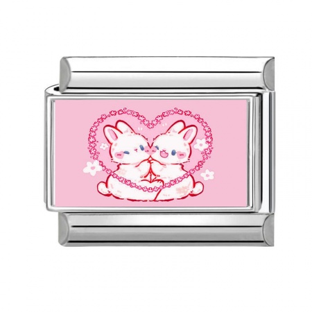 Picture of 1 Piece 304 Stainless Steel Valentine's Day Italian Charm Links For DIY Bracelet Jewelry Making Silver Tone Pink Rectangle Rabbit 10mm x 9mm