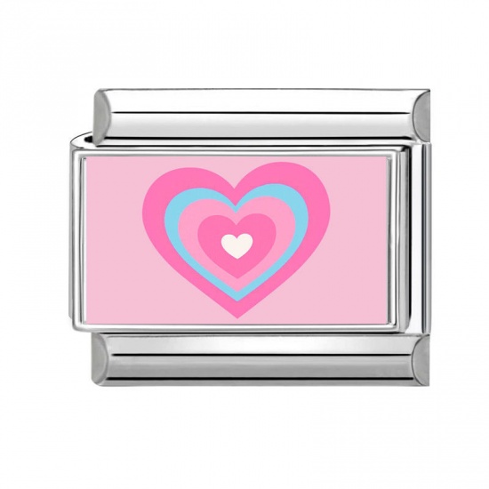 Picture of 1 Piece 304 Stainless Steel Valentine's Day Italian Charm Links For DIY Bracelet Jewelry Making Silver Tone Multicolor Rectangle Heart 10mm x 9mm
