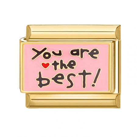 Picture of 1 Piece 304 Stainless Steel Exquisite Italian Charm Links For DIY Bracelet Jewelry Making Gold Plated Pink Rectangle Message " You Are The Best " 10mm x 9mm