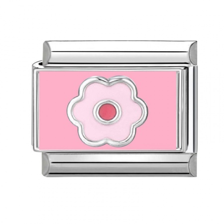 Picture of 1 Piece 304 Stainless Steel Exquisite Italian Charm Links For DIY Bracelet Jewelry Making Silver Tone Pink Rectangle Flower 10mm x 9mm