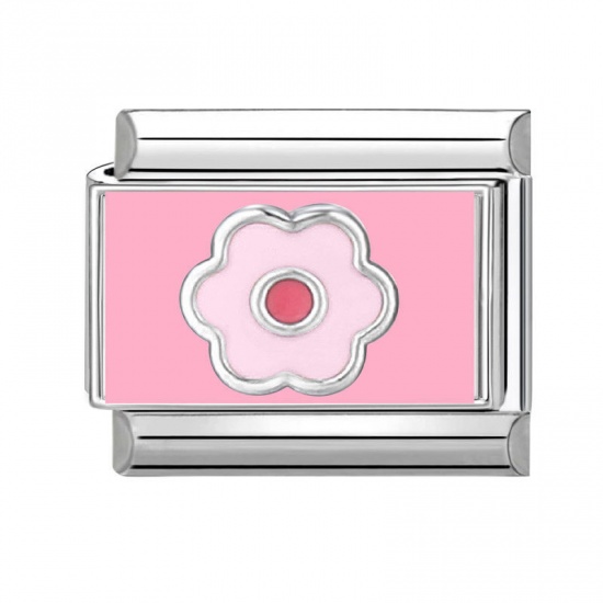 Picture of 1 Piece 304 Stainless Steel Exquisite Italian Charm Links For DIY Bracelet Jewelry Making Silver Tone Pink Rectangle Flower 10mm x 9mm