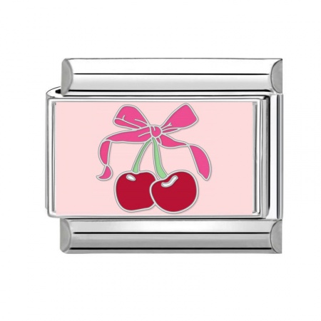 Picture of 1 Piece 304 Stainless Steel Exquisite Italian Charm Links For DIY Bracelet Jewelry Making Silver Tone Pink Rectangle Cherry Fruit 10mm x 9mm