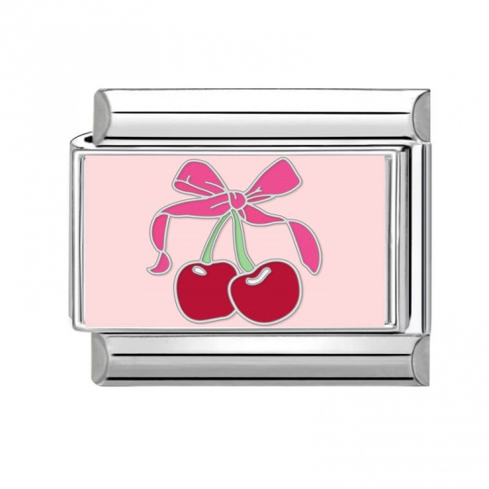 Picture of 1 Piece 304 Stainless Steel Exquisite Italian Charm Links For DIY Bracelet Jewelry Making Silver Tone Pink Rectangle Cherry Fruit 10mm x 9mm