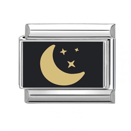 Picture of 1 Piece 304 Stainless Steel Exquisite Italian Charm Links For DIY Bracelet Jewelry Making Silver Tone Black Rectangle Moon 10mm x 9mm