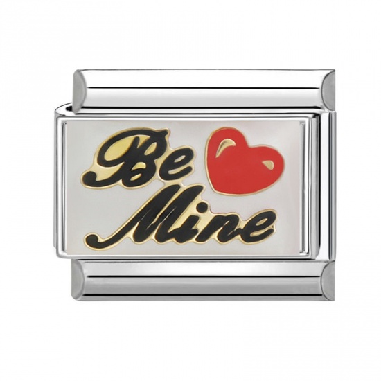 Picture of 1 Piece 304 Stainless Steel Exquisite Italian Charm Links For DIY Bracelet Jewelry Making Silver Tone Red Rectangle Heart Message " BE MINE " 10mm x 9mm