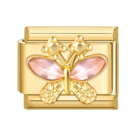 Picture of 1 Piece 304 Stainless Steel Exquisite Italian Charm Links For DIY Modular Bracelet Watch Jewelry Making Wholesale Gold Plated Rectangle Butterfly Pink Rhinestone 10mm x 9mm