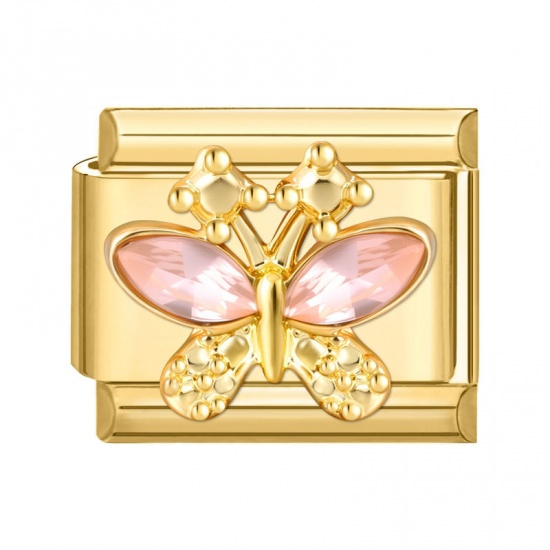 Picture of 1 Piece 304 Stainless Steel Exquisite Italian Charm Links For DIY Modular Bracelet Watch Jewelry Making Wholesale Gold Plated Rectangle Butterfly Pink Rhinestone 10mm x 9mm