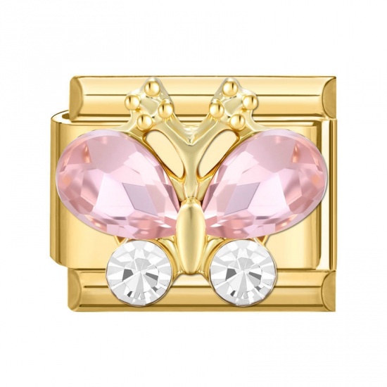 Picture of 1 Piece 304 Stainless Steel Exquisite Italian Charm Links For DIY Modular Bracelet Watch Jewelry Making Wholesale Gold Plated Rectangle Butterfly Pink Rhinestone 10mm x 9mm