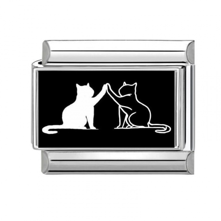 Picture of 1 Piece 304 Stainless Steel Exquisite Italian Charm Links For DIY Bracelet Jewelry Making Silver Tone Black Rectangle Cat 10mm x 9mm