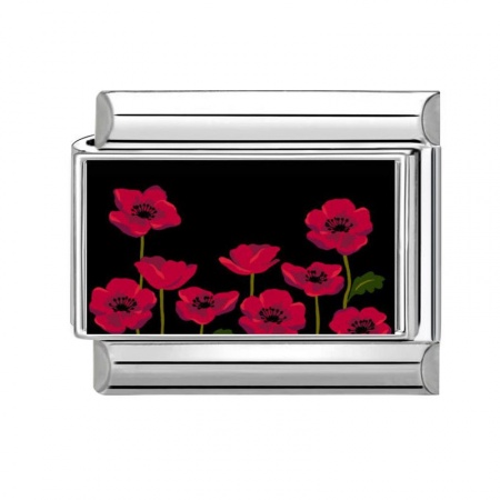 Picture of 1 Piece 304 Stainless Steel Exquisite Italian Charm Links For DIY Bracelet Jewelry Making Silver Tone Red Rectangle Flower 10mm x 9mm