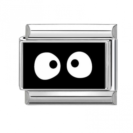 Picture of 1 Piece 304 Stainless Steel Exquisite Italian Charm Links For DIY Bracelet Jewelry Making Silver Tone Black Rectangle Eye 10mm x 9mm