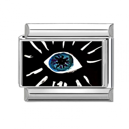 Picture of 1 Piece 304 Stainless Steel Exquisite Italian Charm Links For DIY Bracelet Jewelry Making Silver Tone Black Rectangle Eye 10mm x 9mm