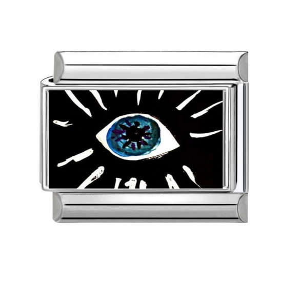 Picture of 1 Piece 304 Stainless Steel Exquisite Italian Charm Links For DIY Bracelet Jewelry Making Silver Tone Black Rectangle Eye 10mm x 9mm