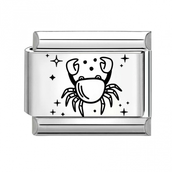 Picture of 1 Piece 304 Stainless Steel Exquisite Italian Charm Links For DIY Bracelet Jewelry Making Silver Tone Black Rectangle Cancer Sign Of Zodiac Constellations 10mm x 9mm