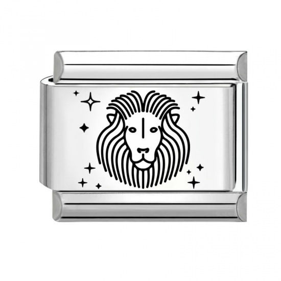 Picture of 1 Piece 304 Stainless Steel Exquisite Italian Charm Links For DIY Bracelet Jewelry Making Silver Tone Black Rectangle Leo Sign Of Zodiac Constellations 10mm x 9mm