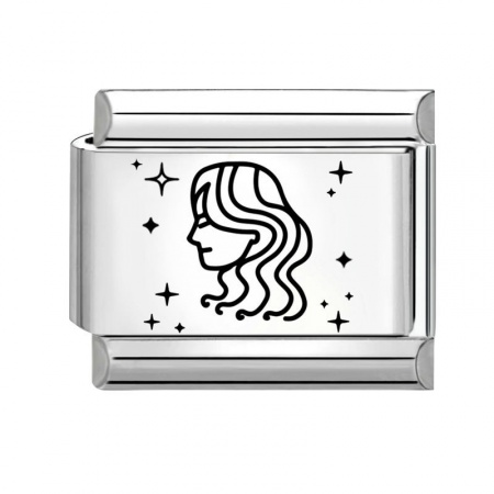Picture of 1 Piece 304 Stainless Steel Exquisite Italian Charm Links For DIY Bracelet Jewelry Making Silver Tone Black Rectangle Virgo Sign Of Zodiac Constellations 10mm x 9mm