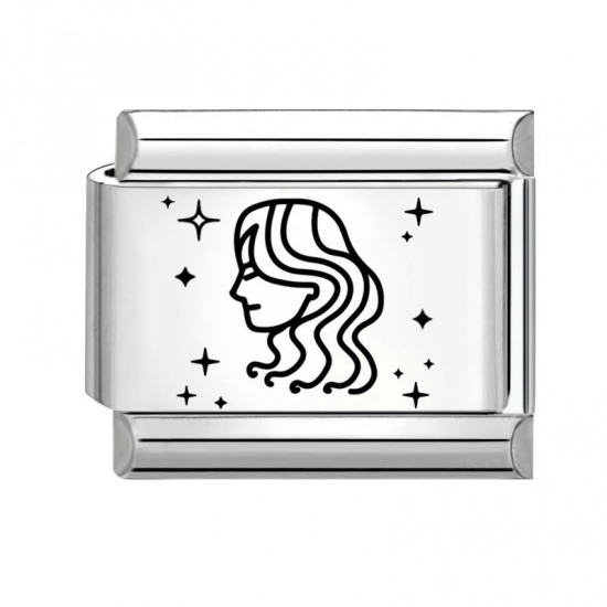 Picture of 1 Piece 304 Stainless Steel Exquisite Italian Charm Links For DIY Bracelet Jewelry Making Silver Tone Black Rectangle Virgo Sign Of Zodiac Constellations 10mm x 9mm