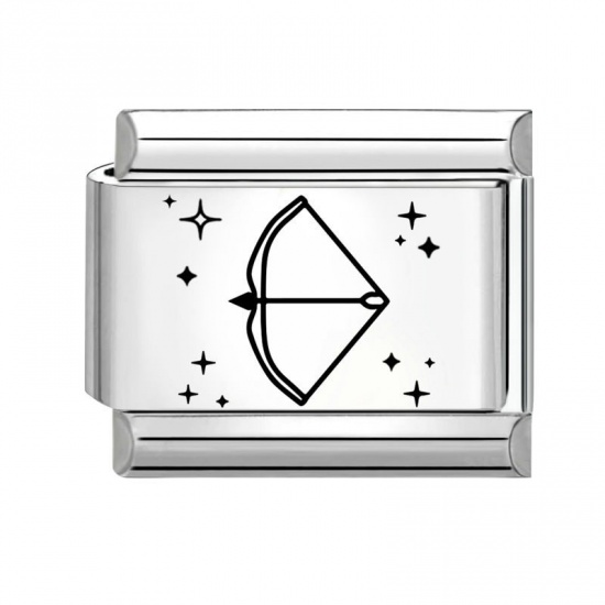 Picture of 1 Piece 304 Stainless Steel Exquisite Italian Charm Links For DIY Bracelet Jewelry Making Silver Tone Black Rectangle Sagittarius Sign Of Zodiac Constellations 10mm x 9mm