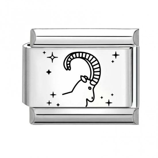 Picture of 1 Piece 304 Stainless Steel Exquisite Italian Charm Links For DIY Bracelet Jewelry Making Silver Tone Black Rectangle Aries Sign Of Zodiac Constellations 10mm x 9mm