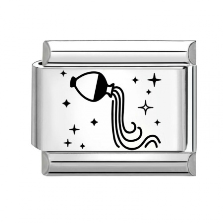 Picture of 1 Piece 304 Stainless Steel Exquisite Italian Charm Links For DIY Bracelet Jewelry Making Silver Tone Black Rectangle Aquarius Sign Of Zodiac Constellations 10mm x 9mm