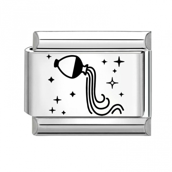 Picture of 1 Piece 304 Stainless Steel Exquisite Italian Charm Links For DIY Bracelet Jewelry Making Silver Tone Black Rectangle Aquarius Sign Of Zodiac Constellations 10mm x 9mm