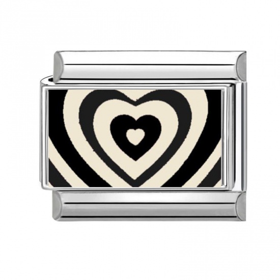 Picture of 1 Piece 304 Stainless Steel Valentine's Day Italian Charm Links For DIY Bracelet Jewelry Making Silver Tone Black Rectangle Heart 10mm x 9mm
