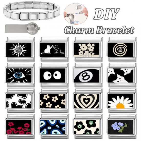 Picture of 1 Piece 304 Stainless Steel Valentine's Day Italian Charm Links For DIY Bracelet Jewelry Making Silver Tone Black Rectangle Heart 10mm x 9mm