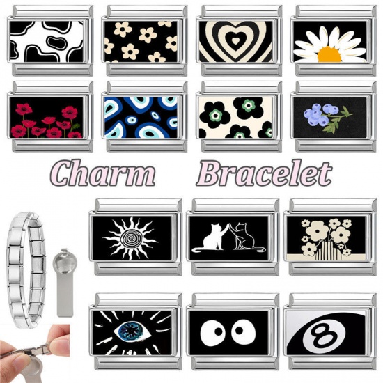 Picture of 1 Piece 304 Stainless Steel Valentine's Day Italian Charm Links For DIY Bracelet Jewelry Making Silver Tone Black Rectangle Heart 10mm x 9mm