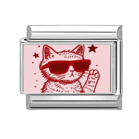 Picture of 1 Piece 304 Stainless Steel Exquisite Italian Charm Links For DIY Bracelet Jewelry Making Silver Tone Pink Rectangle Cat 10mm x 9mm