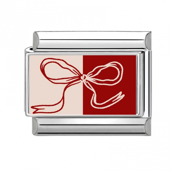 Picture of 1 Piece 304 Stainless Steel Valentine's Day Italian Charm Links For DIY Bracelet Jewelry Making Silver Tone Red Rectangle Bowknot 10mm x 9mm