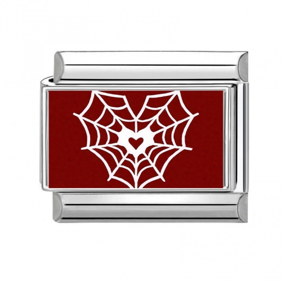 Picture of 1 Piece 304 Stainless Steel Valentine's Day Italian Charm Links For DIY Bracelet Jewelry Making Silver Tone Red Rectangle Heart 10mm x 9mm