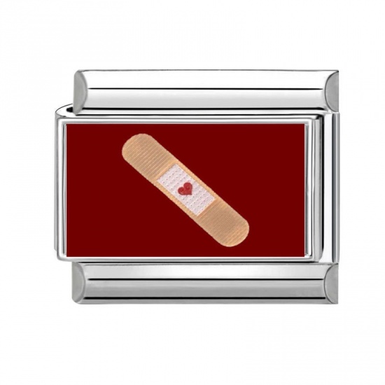 Picture of 1 Piece 304 Stainless Steel Valentine's Day Italian Charm Links For DIY Bracelet Jewelry Making Silver Tone Red Rectangle Adhesive Bandage 10mm x 9mm