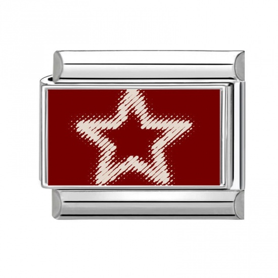 Picture of 1 Piece 304 Stainless Steel Valentine's Day Italian Charm Links For DIY Bracelet Jewelry Making Silver Tone Red Rectangle Pentagram Star 10mm x 9mm