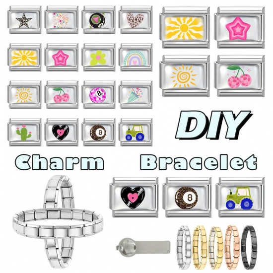 Picture of 1 Piece 304 Stainless Steel Exquisite Italian Charm Links For DIY Bracelet Jewelry Making Silver Tone Yellow Rectangle Sun 10mm x 9mm