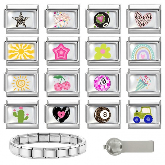 Picture of 1 Piece 304 Stainless Steel Exquisite Italian Charm Links For DIY Bracelet Jewelry Making Silver Tone Yellow Rectangle Sun 10mm x 9mm