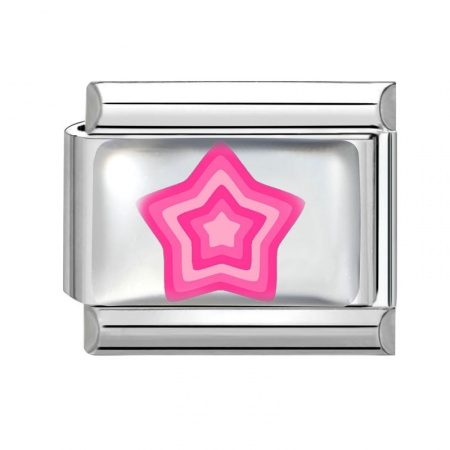 Picture of 1 Piece 304 Stainless Steel Exquisite Italian Charm Links For DIY Bracelet Jewelry Making Silver Tone Pink Rectangle Pentagram Star 10mm x 9mm