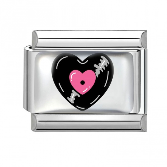Picture of 1 Piece 304 Stainless Steel Valentine's Day Italian Charm Links For DIY Bracelet Jewelry Making Silver Tone Pink Rectangle Heart 10mm x 9mm