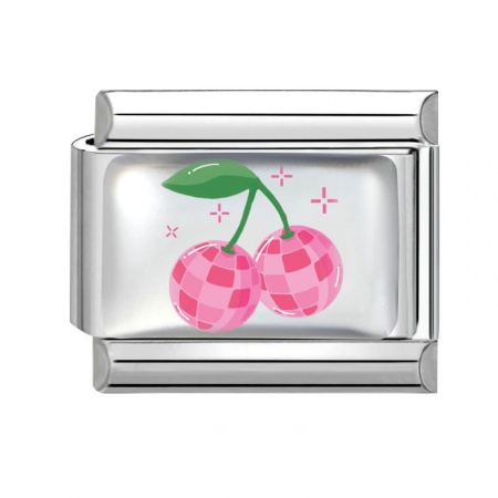 Picture of 1 Piece 304 Stainless Steel Exquisite Italian Charm Links For DIY Bracelet Jewelry Making Silver Tone Pink Rectangle Cherry Fruit 10mm x 9mm
