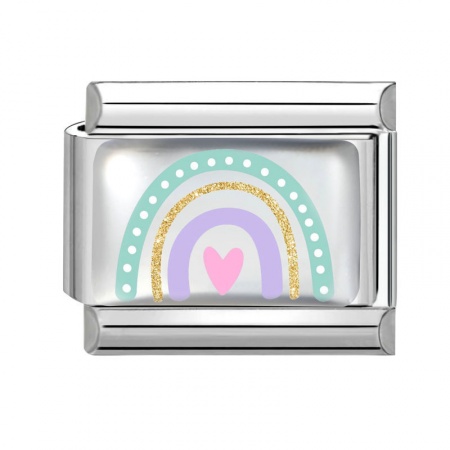 Picture of 1 Piece 304 Stainless Steel Valentine's Day Italian Charm Links For DIY Bracelet Jewelry Making Silver Tone Multicolor Rectangle Heart 10mm x 9mm