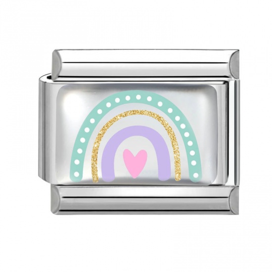 Picture of 1 Piece 304 Stainless Steel Valentine's Day Italian Charm Links For DIY Bracelet Jewelry Making Silver Tone Multicolor Rectangle Heart 10mm x 9mm