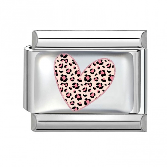 Picture of 1 Piece 304 Stainless Steel Valentine's Day Italian Charm Links For DIY Bracelet Jewelry Making Silver Tone Multicolor Rectangle Heart 10mm x 9mm